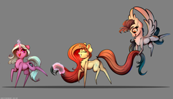 Size: 3500x2000 | Tagged: safe, artist:skitsroom, oc, oc only, oc:eleane tih, oc:mayata, oc:sheron, pegasus, pony, unicorn, dock, female, flying, horn, long mane, long tail, magic, mare, open mouth, smiling, spread wings, telekinesis, tongue out, trio, wings