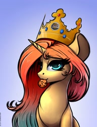 Size: 2300x3000 | Tagged: dead source, safe, artist:skitsroom, oc, oc only, oc:sheron, pony, unicorn, burger king, burger king crown, cookie, female, food, gradient background, gradient mane, horn, looking at you, mare, mouth hold, solo