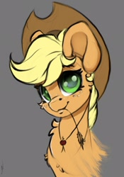 Size: 1668x2388 | Tagged: dead source, safe, artist:skitsroom, applejack, earth pony, pony, bust, drawn on ipad, female, freckles, gray background, jewelry, looking at you, mare, necklace, simple background, solo, straw in mouth