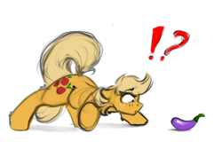 Size: 3508x2480 | Tagged: dead source, safe, artist:skitsroom, applejack, earth pony, pony, chest fluff, dock, eggplant, exclamation point, female, food, interrobang, mare, question mark, simple background, sketch, solo, white background