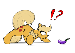 Size: 3508x2480 | Tagged: dead source, safe, artist:skitsroom, applejack, earth pony, pony, chest fluff, dock, eggplant, exclamation point, female, food, interrobang, mare, question mark, simple background, solo, white background