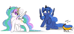 Size: 3643x1726 | Tagged: dead source, safe, artist:skitsroom, princess celestia, princess luna, alicorn, pony, banana, banana dog, crown, food, horn, jewelry, music notes, regalia, simple background, spread wings, white background, wings