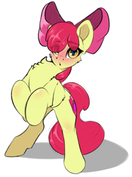 Size: 1530x2048 | Tagged: safe, artist:skitsroom, apple bloom, earth pony, pony, blushing, chest fluff, female, filly, looking at you, rearing, simple background, solo, white background