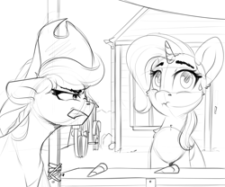 Size: 3000x2500 | Tagged: dead source, safe, artist:skitsroom, applejack, trixie, earth pony, pony, unicorn, angry, black and white, duo, fake horn, female, grayscale, mare, monochrome, sketch, sweat