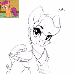 Size: 3000x3000 | Tagged: dead source, safe, artist:skitsroom, scootaloo, pegasus, pony, black and white, clothes, female, filly, grayscale, heart, looking at you, monochrome, scarf, sketch, solo, wings