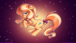Size: 1298x730 | Tagged: safe, artist:shydale, gilded lily, pony, unicorn, abstract background, blushing, bow, female, filly, not sunset shimmer, solo, tail bow, tail wrap, white outline