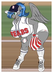Size: 755x1040 | Tagged: safe, artist:littlebibbo, artist:shaydraws, color edit, edit, oc, oc only, oc:bibbo, anthro, pegasus, unguligrade anthro, ball, baseball, baseball cap, baseball glove, bent over, big breasts, breasts, cap, clothes, colored, female, freckles, hat, holding, huge breasts, mare, open mouth, shoes, shorts, smiling, sneakers, solo, sports, stadium
