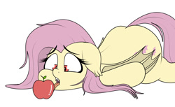 Size: 1124x688 | Tagged: safe, artist:blitzyflair, fluttershy, bat pony, pony, apple, bat ponified, face down ass up, fangs, female, flutterbat, food, looking at something, lying down, mare, open mouth, race swap, simple background, solo, tongue out, white background