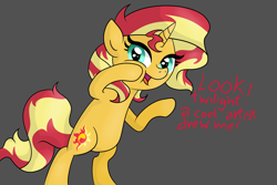 Size: 7381x4921 | Tagged: safe, artist:background basset, derpibooru import, sunset shimmer, pony, unicorn, bipedal, female, gray background, happy, implied twilight sparkle, offscreen character, open mouth, simple background, solo, text