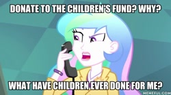 Size: 600x337 | Tagged: safe, derpibooru import, edit, edited screencap, screencap, princess celestia, principal celestia, eqg summertime shorts, equestria girls, subs rock, can you spare a dime?, caption, image macro, memeful.com, mr. krabs, spongebob squarepants, text