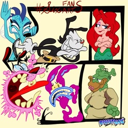 Size: 1947x1947 | Tagged: safe, artist:prestalnic, derpibooru import, princess ember, anthro, dog, dragon, mermaid, aaahh!!! real monsters, animaniacs, arial, clothes, courage the cowardly dog, crossover, dragoness, female, grin, ickis, male, open mouth, partial nudity, scared, six fanarts, smiling, the little mermaid, tongue out, topless, warner brothers