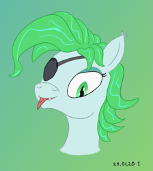 Size: 721x805 | Tagged: safe, artist:0nonim, artist:ononim, derpibooru import, oc, oc only, oc:icy mint, bat pony, pony, bust, catchlights, eyepatch, fangs, female, gradient background, highlights, lidded eyes, looking at you, mare, solo, tongue out