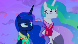 Size: 1920x1080 | Tagged: safe, derpibooru import, screencap, princess celestia, princess luna, alicorn, pony, between dark and dawn, clothes, concerned, confused, cutie mark, duo, ethereal mane, female, folded wings, hawaiian shirt, multicolored mane, royal sisters, siblings, sisters, spanish description, starry mane, vacation, worried