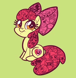 Size: 1994x2048 | Tagged: safe, artist:sophillia, derpibooru import, part of a set, apple bloom, earth pony, pony, seapony (g4), apple, aren't ya gonna stay for brunch, buy some apples, clothes, cutie mark, decorative hatching, food, green background, pouting, seaponified, seapony apple bloom, show stopper outfits, simple background, solo, species swap, the cmc's cutie marks