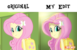 Size: 2080x1346 | Tagged: safe, artist:alex mlp, derpibooru import, edit, edited screencap, screencap, fluttershy, equestria girls, equestria girls (movie), backpack, beautiful, cute, lighting, looking back, redraw, shading, smiling, solo