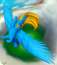 Size: 2809x3197 | Tagged: safe, artist:flashnoteart, derpibooru import, oc, pegasus, cloud, commission, flying, goggles, solo, spread wings, wings