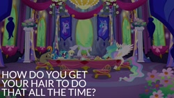 Size: 1920x1080 | Tagged: safe, derpibooru import, edit, edited screencap, editor:quoterific, screencap, cranky doodle donkey, derpy hooves, dj pon-3, princess celestia, vinyl scratch, alicorn, donkey, pegasus, pony, unicorn, no second prances, angry, crown, derp, food, jewelry, open mouth, regalia