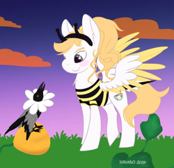 Size: 1024x990 | Tagged: safe, artist:hirundoarvensis, derpibooru import, oc, oc:arvensis, oc:joe the crow, bee, bird, crow, insect, pegasus, pony, clothes, costume, female, flower, halloween, halloween costume, holiday, hooded crow, pegasus oc, pet, pumpkin