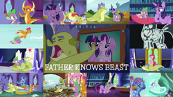 Size: 1972x1110 | Tagged: safe, derpibooru import, edit, edited screencap, editor:quoterific, screencap, pinkie pie, sludge (g4), smolder, spike, starlight glimmer, twilight sparkle, twilight sparkle (alicorn), alicorn, dragon, earth pony, pony, unicorn, father knows beast, bathtub, covering eyes, crying, dragoness, eyes closed, female, flying, force field, glowing horn, gritted teeth, heartbreak, hoof in mouth, horn, hug, magic, magic aura, male, open mouth, winged spike, x-ray