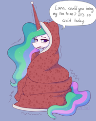 Size: 1706x2160 | Tagged: safe, artist:puetsua, derpibooru import, edit, editor:totallynotanoob, princess celestia, alicorn, pony, blanket, cold, female, horn, horn sleeve, implied princess luna, lidded eyes, mare, open mouth, question, shivering, simple background, solo, speech bubble