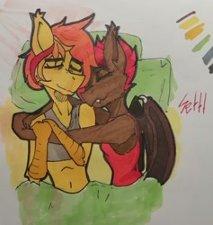 Size: 2045x2160 | Tagged: safe, artist:settt, derpibooru import, oc, oc:kirsche sprengstoff, oc:saturn gravity, anthro, bat pony, hybrid, bat wings, bed, cuddling, photo, traditional art, wings