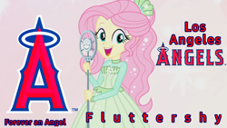 Size: 1280x720 | Tagged: source needed, safe, derpibooru import, edit, edited screencap, screencap, fluttershy, better together, equestria girls, so much more to me, clothes, dress, looking at you, los angeles angels, microphone, mlb, open mouth, wallpaper