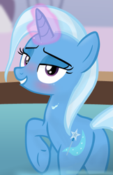 Size: 1611x2482 | Tagged: safe, artist:grapefruitface1, derpibooru import, trixie, bedroom eyes, blushing, glowing horn, horn, looking at you, magic, magic aura, shipping, solo, water