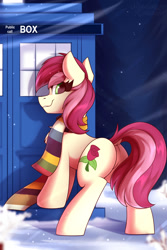 Size: 1500x2250 | Tagged: safe, artist:shadowreindeer, derpibooru import, roseluck, earth pony, pony, butt, clothes, crossover, cute, dock, doctor who, featureless crotch, implied doctor whooves, plot, scarf, solo, tardis