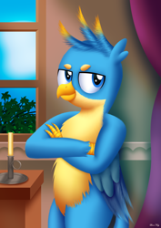 Size: 2480x3508 | Tagged: safe, artist:leonkay, derpibooru import, gallus, griffon, candle, crossed arms, solo