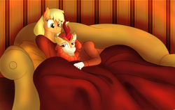 Size: 2850x1800 | Tagged: safe, artist:sixes&sevens, derpibooru import, applejack, autumn blaze, anthro, autumnjack, blanket, female, lesbian, pillow, shipping, snuggling, sofa