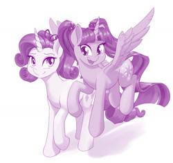 Size: 1280x1202 | Tagged: safe, artist:dstears, derpibooru import, rarity, twilight sparkle, twilight sparkle (alicorn), alicorn, pony, unicorn, alternate hairstyle, cute, digital art, female, friends, mare, pigtails, raribetes, simple background, smiling, twiabetes, twintails, white background