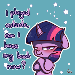 Size: 1625x1625 | Tagged: safe, artist:lou, derpibooru import, twilight sparkle, unicorn twilight, pony, unicorn, blushing, book, crossed hooves, cute, ears, floppy ears, foal, grumpy, grumpy twilight, lidded eyes, looking at you, scrunchy face, that pony sure does love books