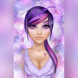 Size: 1080x1080 | Tagged: safe, artist:artisticallymichelle, derpibooru import, twilight sparkle, human, abstract background, breasts, bust, cleavage, clothes, eyelashes, female, humanized, makeup, smiling, solo, uncanny valley