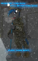 Size: 2500x4000 | Tagged: safe, artist:kamithepony, derpibooru import, oc, oc:atom bomb, pegasus, pony, cigarette, clothes, female, military, military uniform, mop, snow, solo, standing, text, uniform