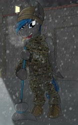 Size: 2500x4000 | Tagged: safe, alternate version, artist:kamithepony, derpibooru import, oc, oc:atom bomb, pegasus, pony, cigarette, clothes, female, military, military uniform, mop, snow, solo, standing, text, uniform