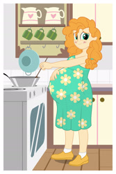 Size: 1280x1920 | Tagged: safe, artist:mintydrop2013, artist:snap1994, derpibooru import, pear butter, equestria girls, belly, big belly, blushing, clothes, cooking, dress, equestria girls-ified, female, housewife, indoors, kitchen, looking at you, pregnant, pregnant equestria girls, shoes, smiling, solo, story included