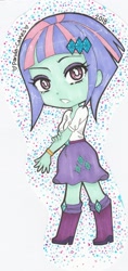 Size: 1344x2848 | Tagged: safe, artist:icy-daydreams, derpibooru import, sunny flare, equestria girls, boots, bracelet, chibi, clothes, clothes swap, cutie mark, cutie mark on clothes, female, jewelry, shoes, signature, skirt, solo, traditional art