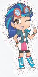 Size: 1452x2884 | Tagged: safe, artist:icy-daydreams, derpibooru import, indigo zap, equestria girls, :d, boots, bracelet, clothes, clothes swap, cutie mark, cutie mark on clothes, ear piercing, female, goggles, hand on hip, jewelry, one eye closed, open mouth, peace sign, piercing, shoes, shorts, signature, smiling, solo, traditional art, wink