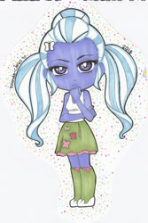 Size: 1892x2832 | Tagged: safe, artist:icy-daydreams, derpibooru import, sugarcoat, equestria girls, clothes, clothes swap, female, shoes, signature, skirt, sleeveless, solo, thinking, traditional art