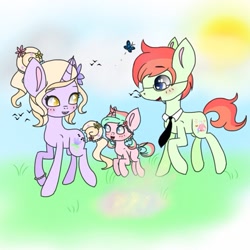 Size: 640x640 | Tagged: safe, artist:cinnavee, derpibooru import, oc, oc only, pony, unicorn, colt, female, flower, flower in hair, glasses, horn, male, mare, necktie, outdoors, stallion, sun, unicorn oc