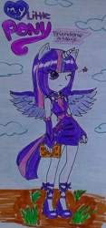 Size: 845x1805 | Tagged: safe, artist:amyrosexshadowlover, derpibooru import, twilight sparkle, twilight sparkle (alicorn), alicorn, human, alicorn humanization, boots, clothes, cloud, female, horn, horned humanization, humanized, one eye closed, outdoors, shoes, skirt, solo, traditional art, winged humanization, wings, wink