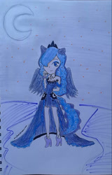 Size: 1037x1616 | Tagged: safe, artist:amyrosexshadowlover, derpibooru import, princess luna, human, clothes, crescent moon, dress, female, high heels, humanized, jewelry, moon, outdoors, shoes, smiling, solo, tiara, traditional art, winged humanization, wings