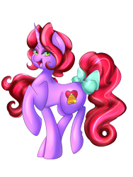 Size: 2400x3200 | Tagged: safe, artist:kittykeifer, derpibooru import, editor:huniebuns, oc, oc only, oc:lovely belle, pony, unicorn, bow, female, looking at you, mare, open mouth, solo, tail bow