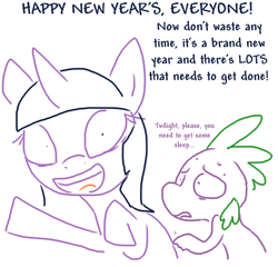 Size: 626x600 | Tagged: source needed, useless source url, safe, artist:the weaver, derpibooru import, spike, twilight sparkle, dragon, happy new year, holiday, sleep deprivation, twilight snapple