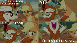 Size: 2000x1125 | Tagged: safe, derpibooru import, edit, edited screencap, editor:quoterific, screencap, applejack, autumn blaze, earth pony, kirin, pony, sounds of silence, applejack's hat, cowboy hat, duo, eyes closed, female, hat, open mouth, sad