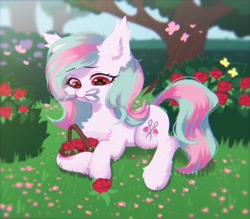 Size: 1700x1491 | Tagged: safe, artist:astralblues, derpibooru import, oc, butterfly, earth pony, pony, basket, chest fluff, ear fluff, ears, flower, hoof fluff, leg fluff, lying down, rose, scissors, solo