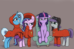 Size: 1695x1110 | Tagged: safe, artist:t72b, derpibooru import, maud pie, starlight glimmer, trixie, twilight sparkle, earth pony, pony, unicorn, boop, chair, clothes, cross, female, gloves, goggles, hat, historical roleplay starlight, mare, meme, monty python, rearing, scene interpretation, self-boop, sitting, spanish inquisition, twilight is not amused, unamused, unexpected