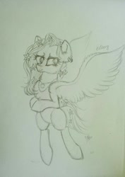 Size: 724x1024 | Tagged: safe, artist:maryhoovesfield, derpibooru import, oc, oc only, pegasus, pony, bipedal, eyelashes, female, grayscale, lineart, mare, monochrome, pegasus oc, signature, solo, traditional art, wings