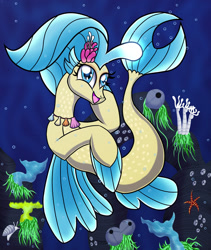 Size: 1280x1514 | Tagged: safe, artist:heartshielder1991, derpibooru import, princess skystar, seapony (g4), my little pony: the movie, bioluminescent, blue eyes, bubble, coral, eyelashes, female, fin wings, fins, fish tail, flower, flower in hair, flowing mane, freckles, glow, jewelry, necklace, ocean, open mouth, reef, seashell, seashell necklace, seaweed, shell, smiling, solo, starfish, swimming, tail, underwater, water, wings