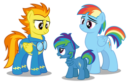 Size: 1280x836 | Tagged: safe, artist:aleximusprime, derpibooru import, rainbow dash, spitfire, oc, oc:storm streak, pegasus, pony, apologetic, clothes, colt, male, offspring, older, parent:oc:thunderhead, parent:rainbow dash, parent:thunderlane, parents:canon x oc, parents:thunderdash, shorter hair, uniform, wonderbolts, wonderbolts uniform